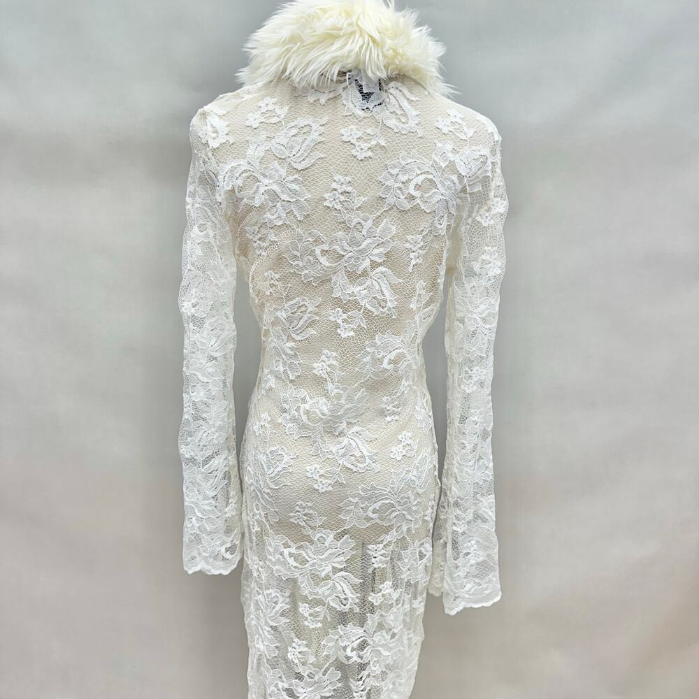 Vintage Y2k Moda International White Lace Duster Faux Fur Trim Sz XS Penny Lane - Picture 13 of 15